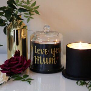 Personalised soy candle & flower arrangement vignette.