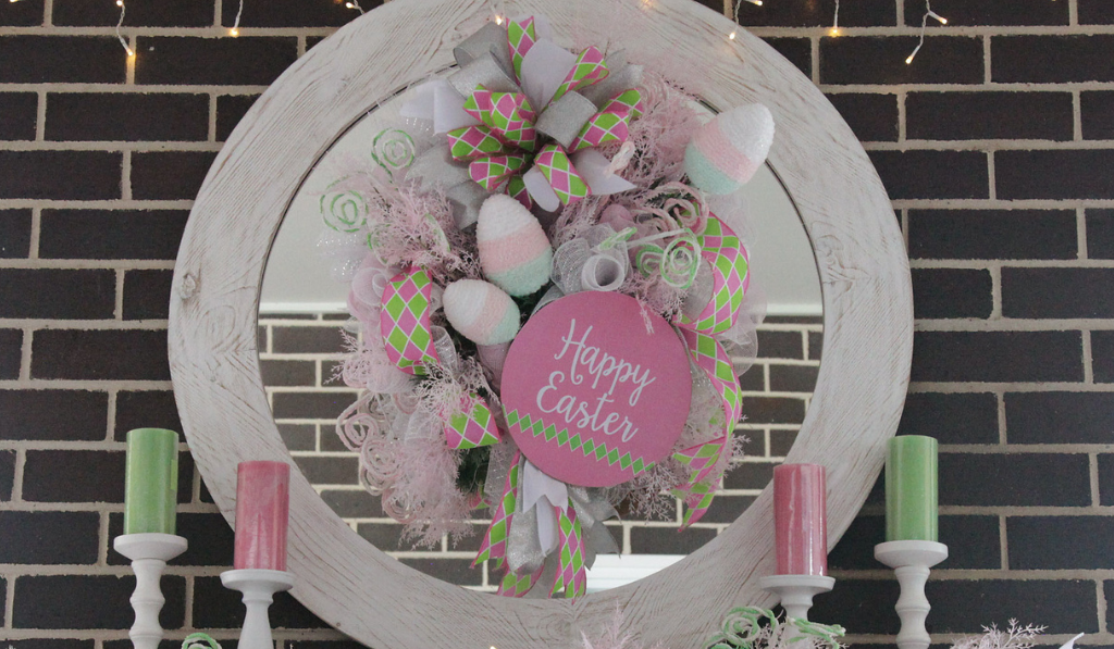 Easter-Lifestyle-Mantle-Pink-and-Turquoise-Spring-Deco-Mesh-Wreath-2