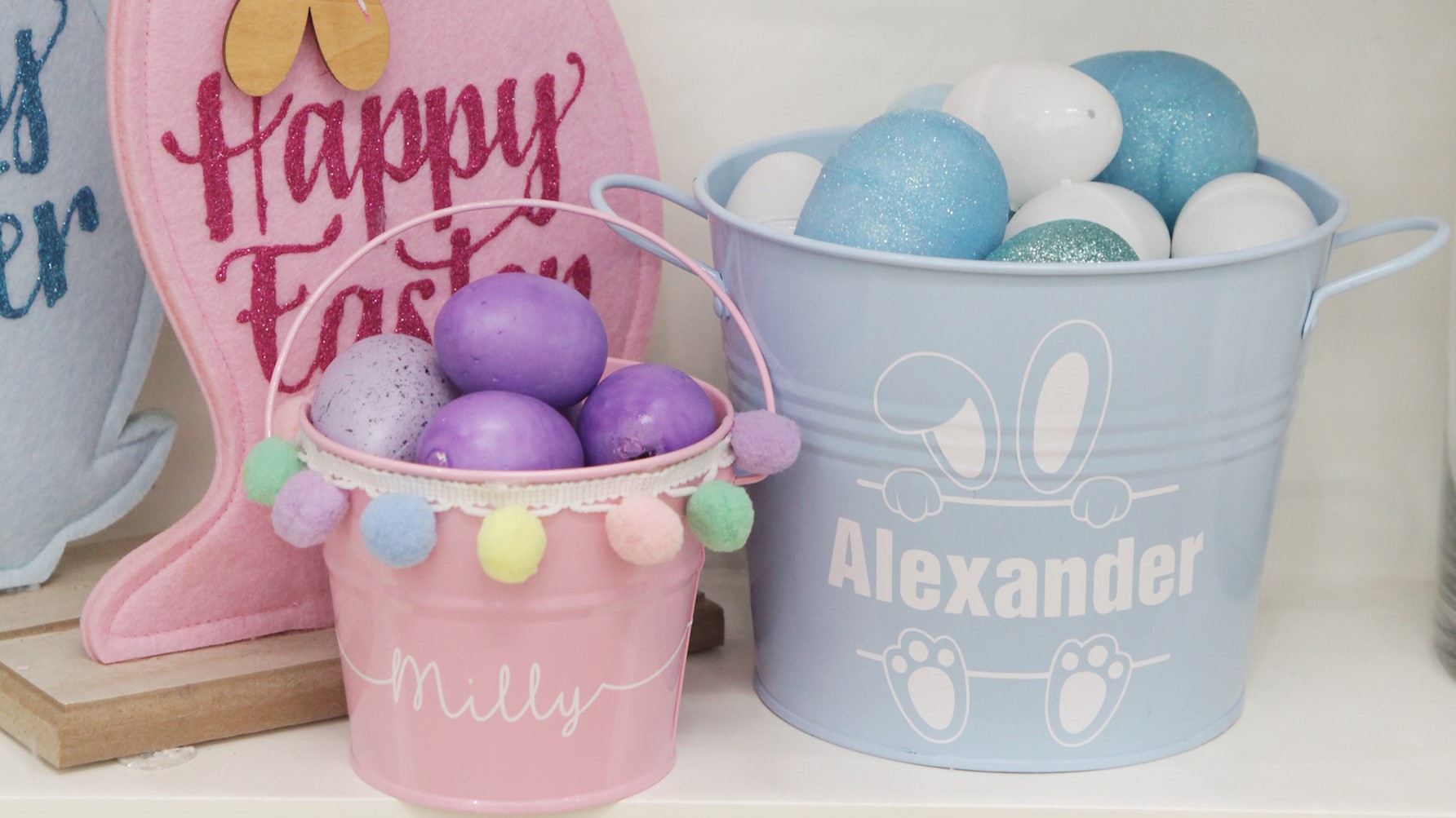 Pink-Blue-Felt-Bunny-Oranment-Pink-Blue-Hamper-Bucket-Closeup