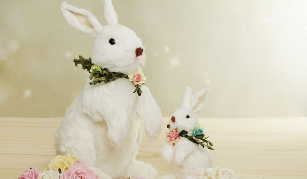 White Straw Bunny with Floral Neck Garland Standing Small and Large-header